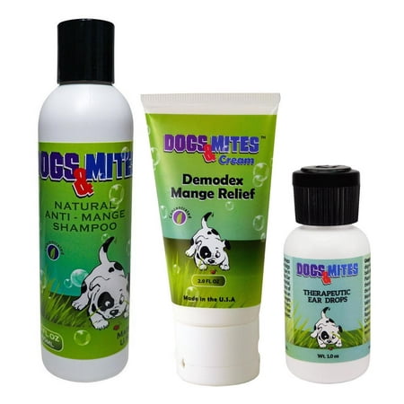 Dogs n Mites Anti-Mange Kit: Shampoo, Cream, Ear Drops for Treatment of Demodectic Sarcoptic Demodex Mange In Dogs And Puppies
