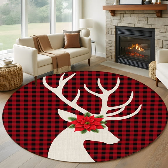 Christmas Poinsettia Elk Round Area Rug 5ft, Red Black Plaid Winter Xmas Washable Non-Slip Circle Rugs for Bedroom Living Room Kitchen, Soft Low Pile Carpet for Dining Room Playroom Nursery