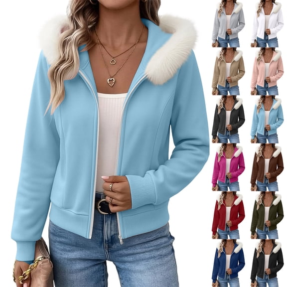 Women's Solid Zip Up Hooded Sweatshirt, Long Sleeve Cropped Sports Jacket with Side Pockets for Autumn Winter Sky Blue XL(XL)