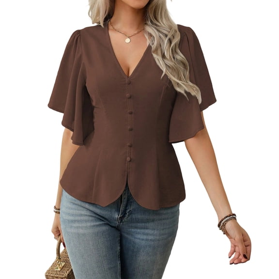 Stichou Women's Shirts Casual V Neck Tops Half Sleeve Elegant Spring Summer Fashion Blouses Solid Button Blouses Coffee S