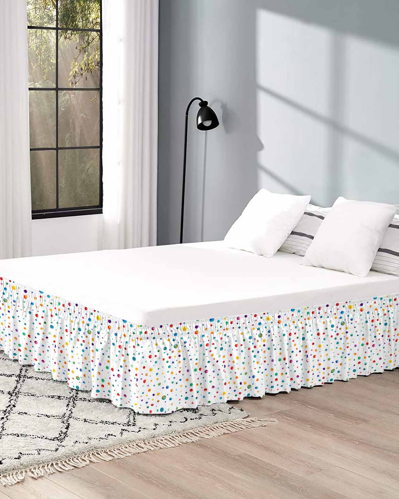Colorful Polka Dot Wrap Around Bed Skirts for Queen Bed 18" Drop, Bed Skirt with Adjustable Elastic Belt Dust Ruffle Bed Valance for Bedroom Hotel Luxury Rainbow Point Vibrant Bed Frame Cover