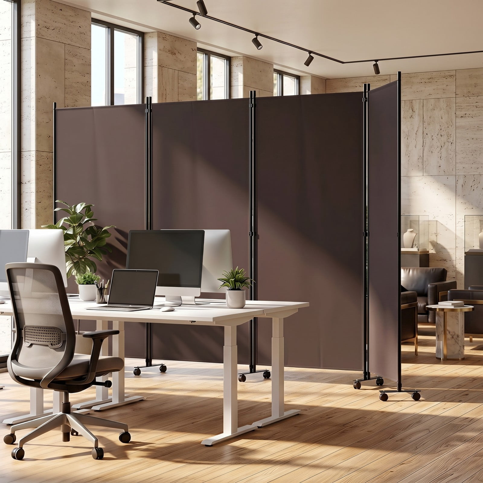 ALPULON 4 Panel Folding Privacy Screen Room Divider with Universal Wheels, Portable Freestanding Polyester Fabric Partition Panel for Bedroom Living Room Office, Brown