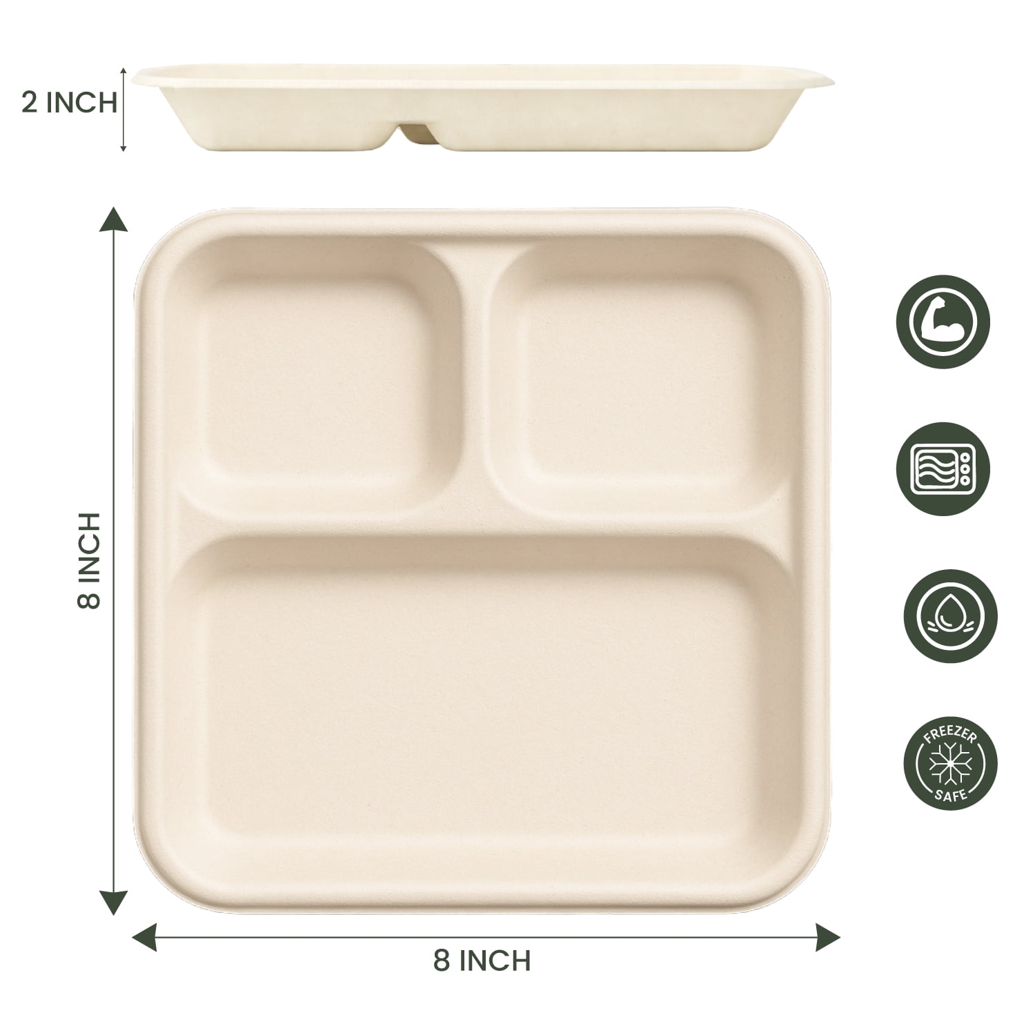 FPN Plates Square 3-Compartment 125 Pack Disposable Trays – Sugarcane Fiber, Biodegradable & Compostable, Paper Plates for Meals, Catering, School Lunch, Microwave & Freezer Safe