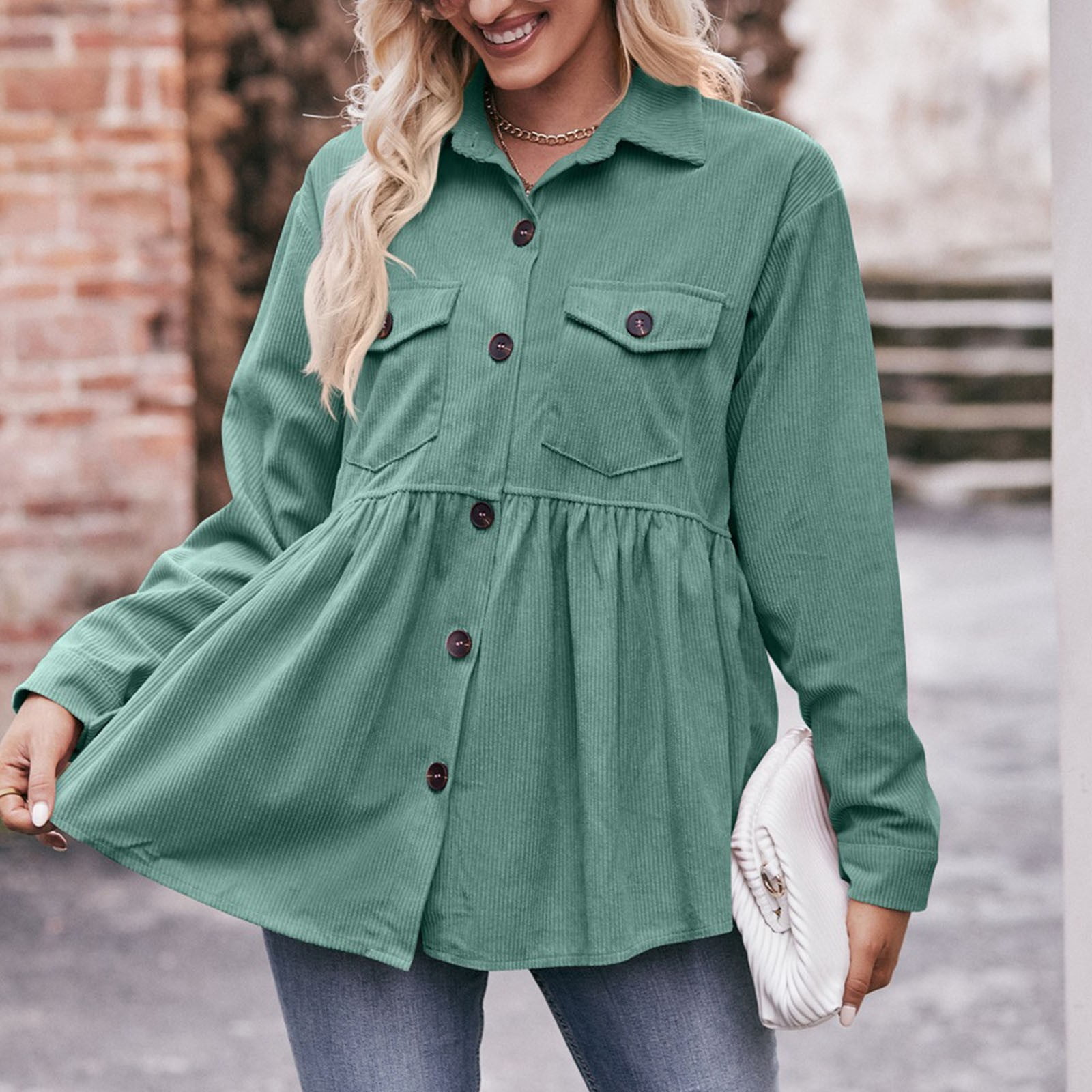 Women Corduroy Peplum Shacket Jacket Long Sleeve Button Down Babydoll Shirts Oversized Casual Collared Blouses Tops Green S