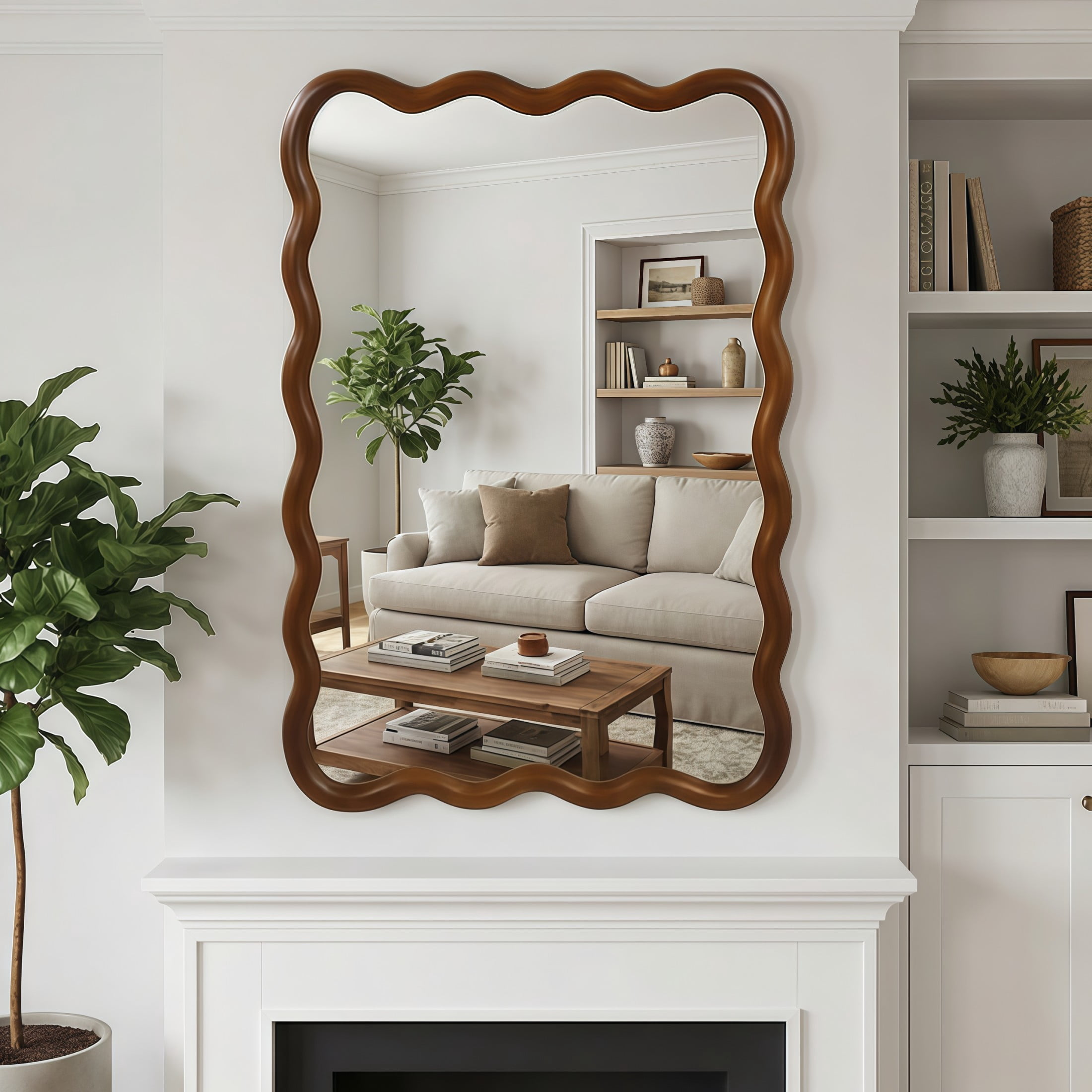 Noble House 24"x36" Wavy Rectangle Wall Mirror, Solid Wood Frame Decorative Accent Mirror for Entryway/Bathroom, Walnut