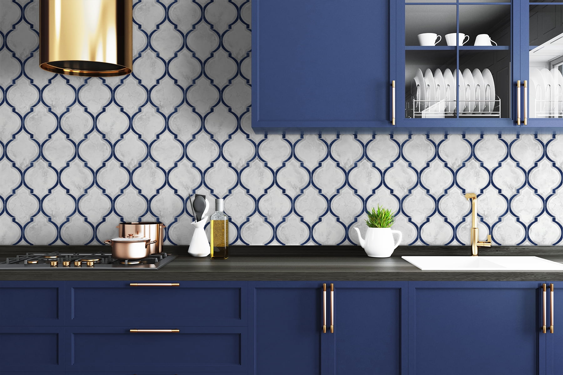 NextWall  Marbled Ogee Peel and Stick Wallpaper Royal Blue & Carrara