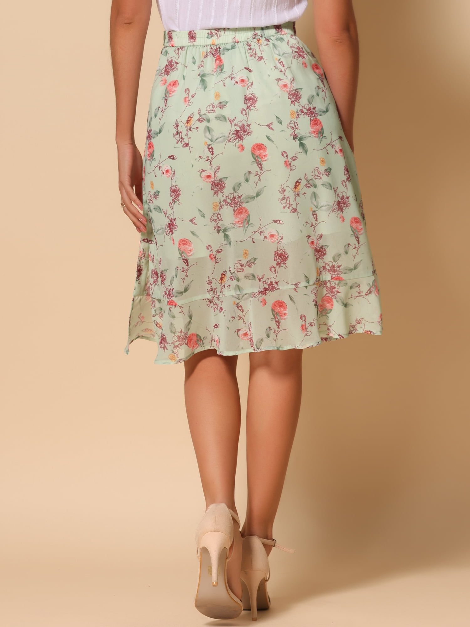 DARING DIVA Women's Floral Ruffle Hem Elastic Back Split Skirt XS Light Green