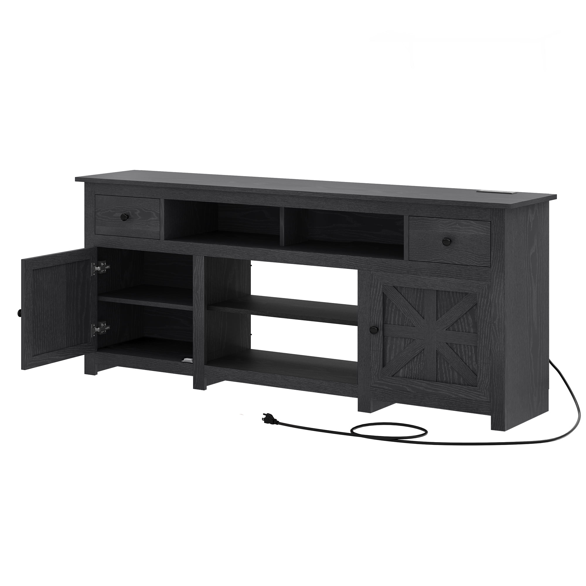 Dextrus Country-style Media Console, TV Cabinet with Built-in Power Socket for Screens up to 80'', Television Stand with Adjustable Divider & Drawer Storage, Vintage TV Unit for Lounge, Black