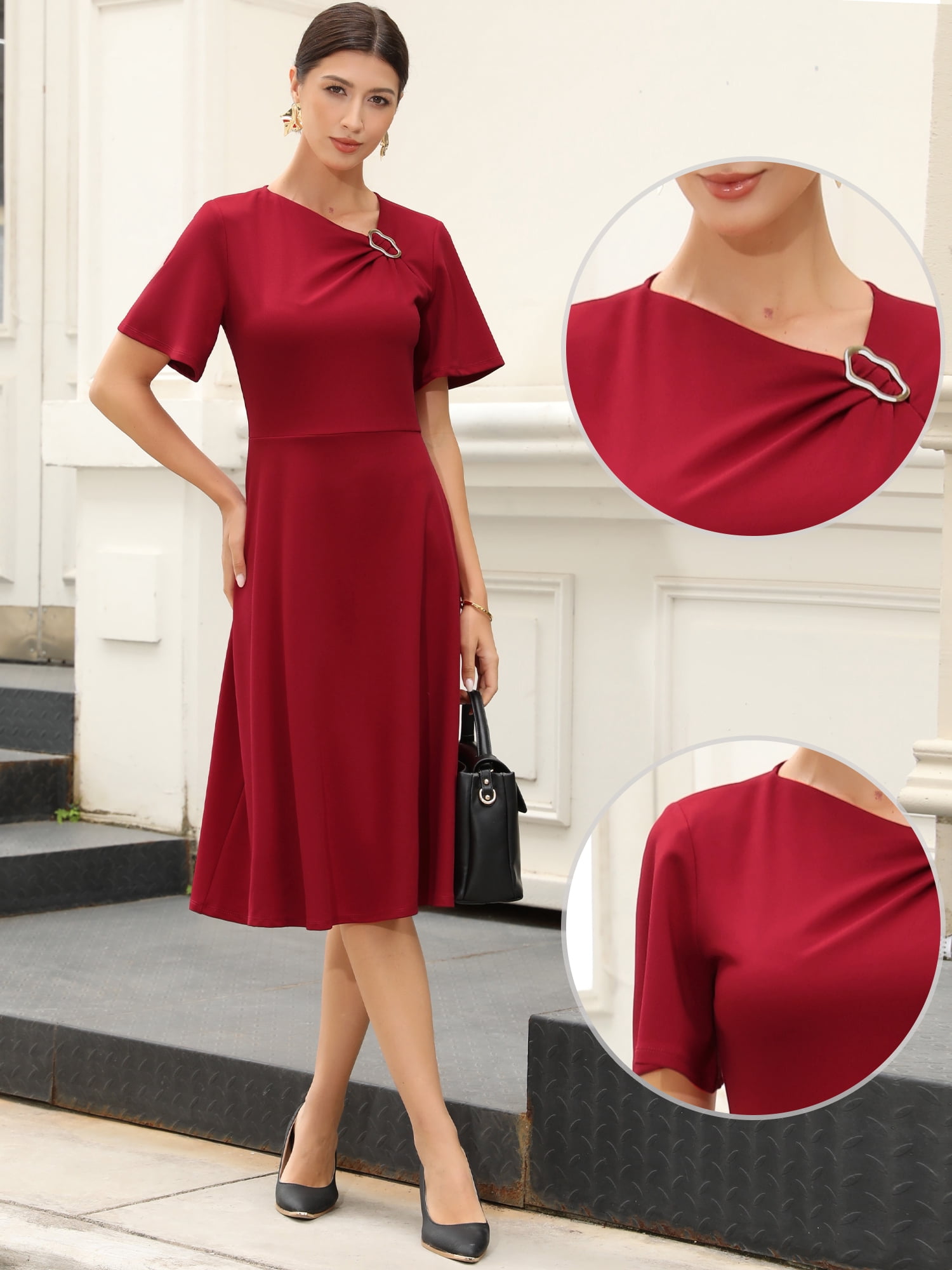DARING DIVA Women's A-Line Casual Asymmetrical Neck Midi Dress with Short Sleeve XS Red