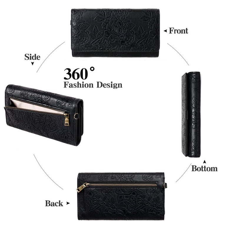 GAEKEAO Women's Trifold Wallet, Black Vegan Leather Floral photo 3