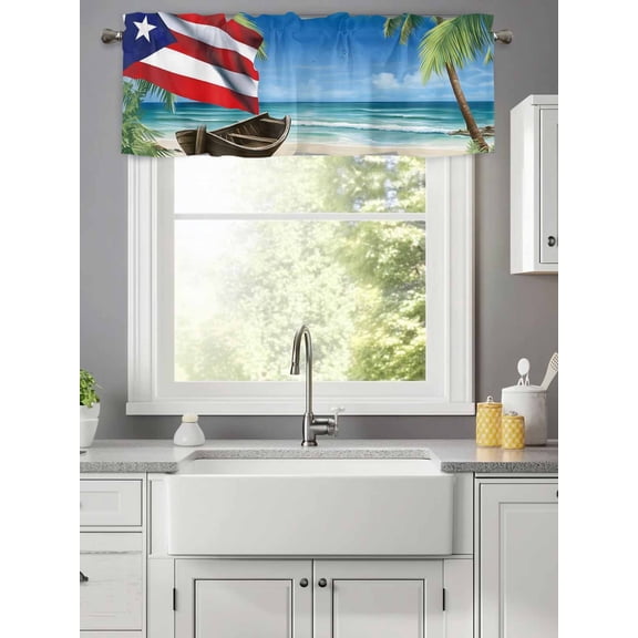 Beach Palm Trees Retro Flag Valances for Windows,Kitchen Valance Rod Pocket Short Curtain,Summer Ombre Ocean Waves Valance Curtain Window Valances for Bedroom Living Room 42x12in