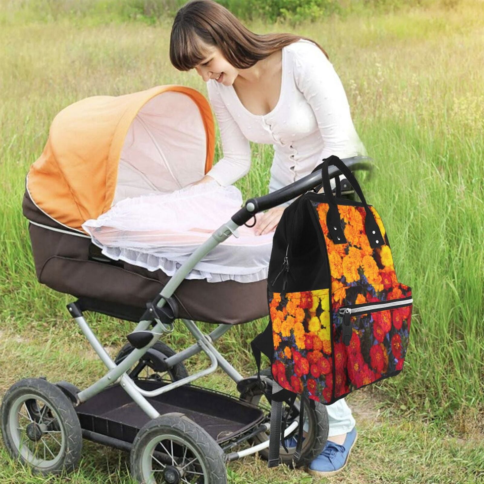 Ratiio Marigold Flowers In Different Colors Mummy Backpack - Waterproof Twill Canvas, Large Capacity Diaper Bag with Multiple Pockets and Adjustable Straps
