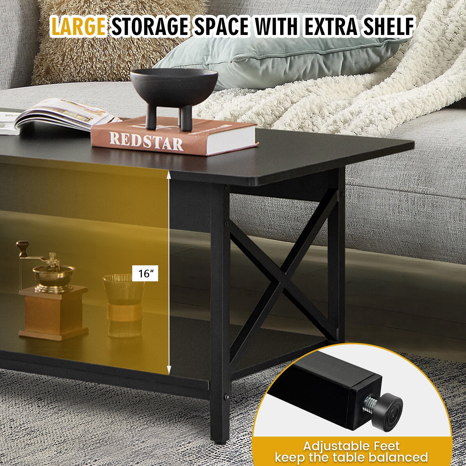 Gymax Coffee Table Industrial 2-Tier w/ Storage Shelf &Storage Shelf for Living Room Black