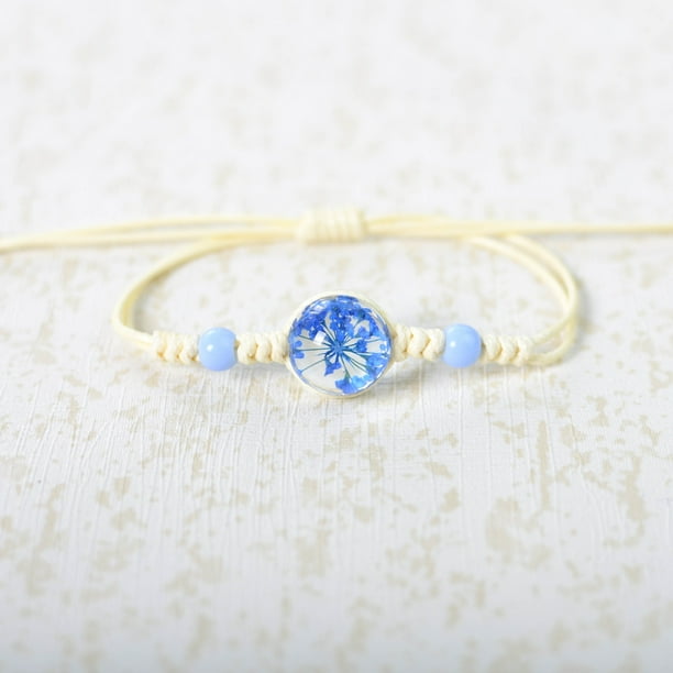 Nvzi Pulsera de flores hecha a mano - Pulsera de resina, pulsera ajustable, pulsera de flores - 2 piezas, azul oscuro