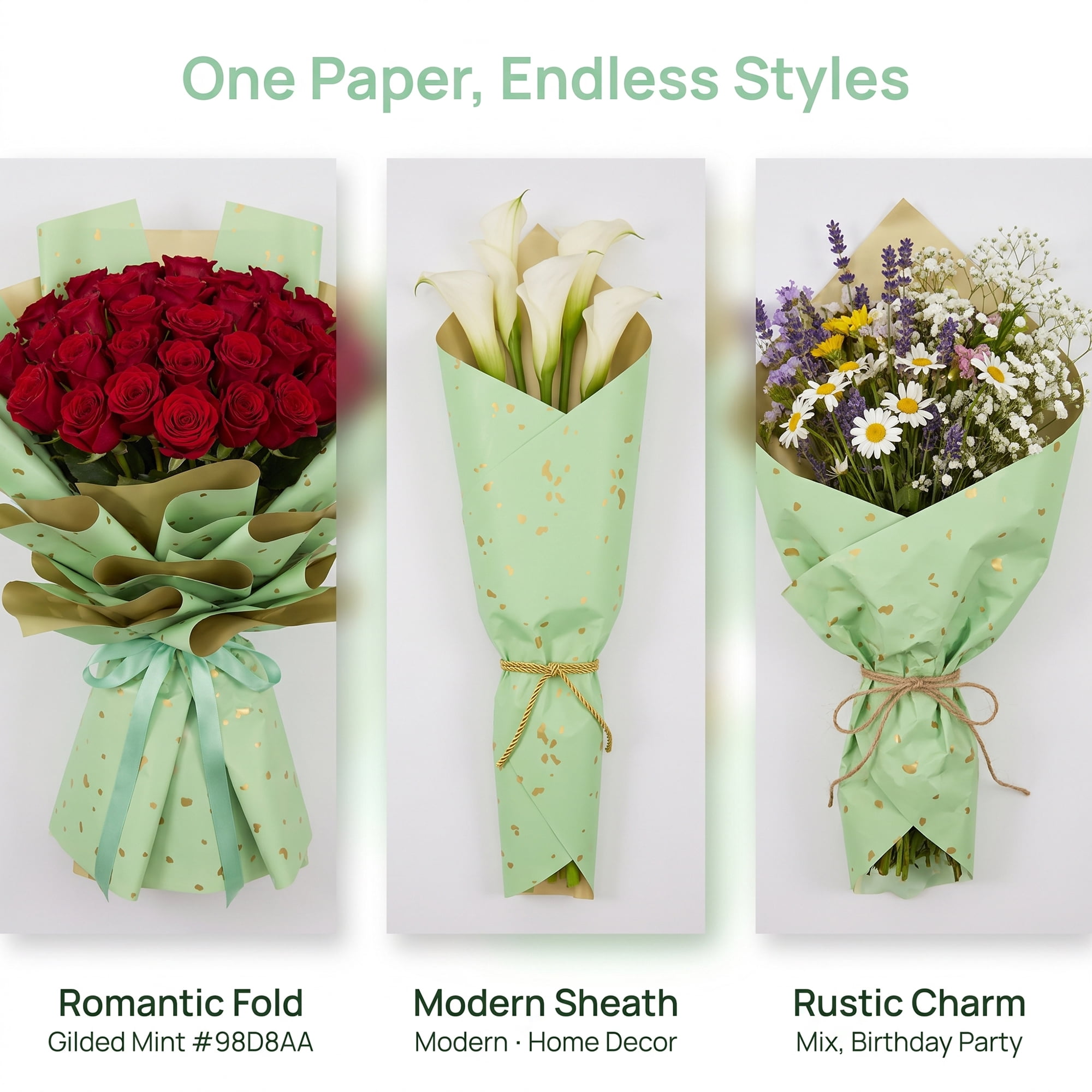 Unique Bargains Flecked Gift Wrap Paper for Floral Arrangements Green Gold 22.4"x 22.4"