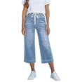 thumbnail image 2 of Capri Jeans for Women Elastic High Waist Relaxed Fit Wide Straight Leg Stretchy Denim Capris with Pockets Cropped Jeans, 2 of 6