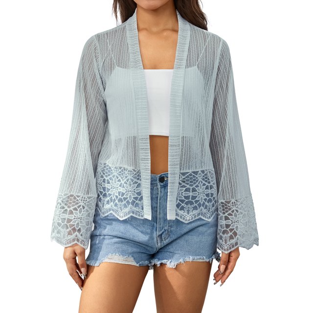 VISgogo - Blusa floral de encaje frontal abierto de manga larga para mujer primavera verano VISgogo moda