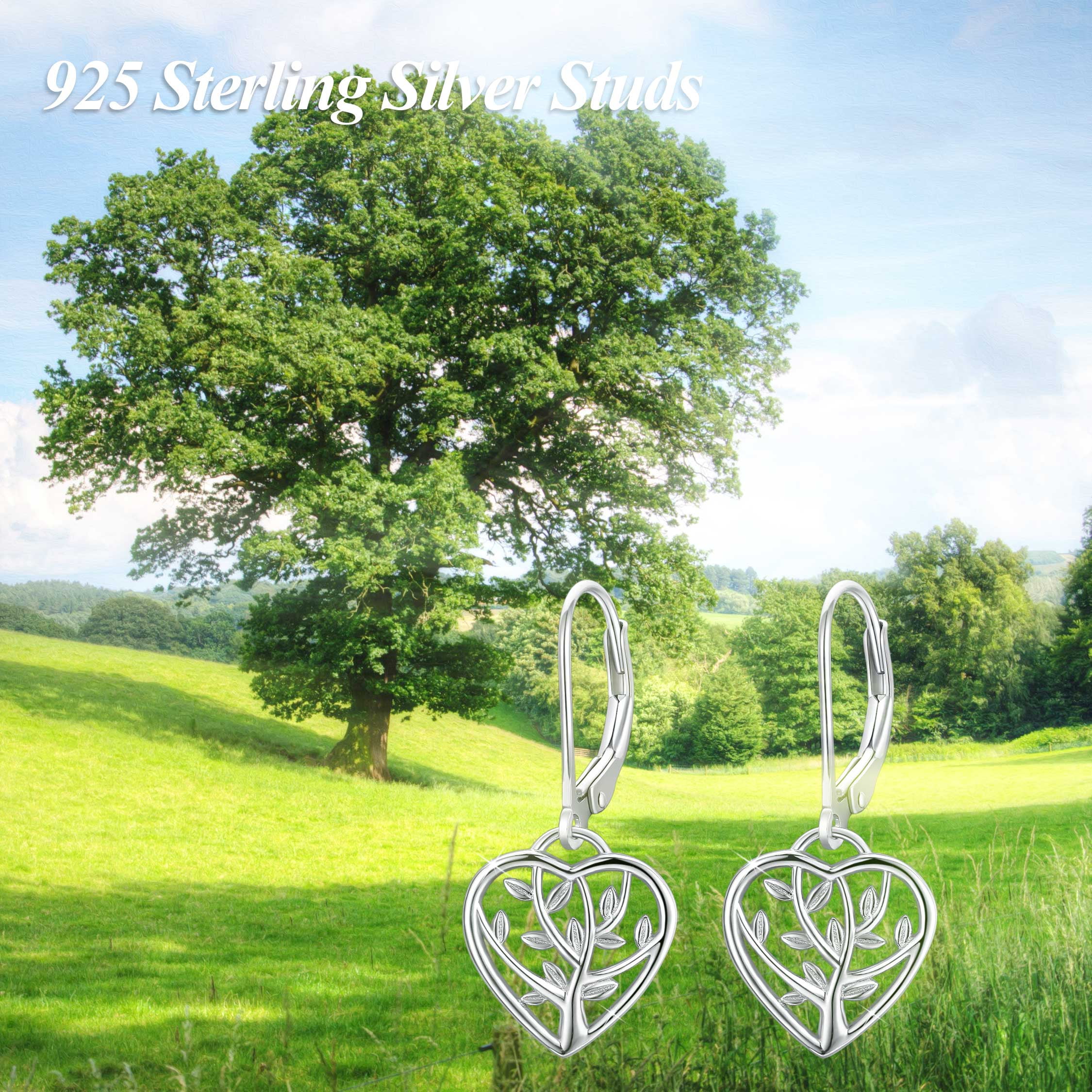 AOVEAO Heart Leverback Earrings 925 Sterling Silver Tree of Life Dangle Earrings 18K White Gold Plated Jewelry for Women Wife Mom Birthday Xmas Gift for Sensitive Ears