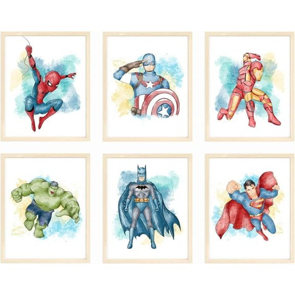 Superhero Wall Decor, Superhero Wall Art for Boys Bedroom, Avengers Prints, Set of 6 Prints, Iron Man, Spiderman, Captain America, Hulk, Batman, Superman, Unframed, 8x10 inches