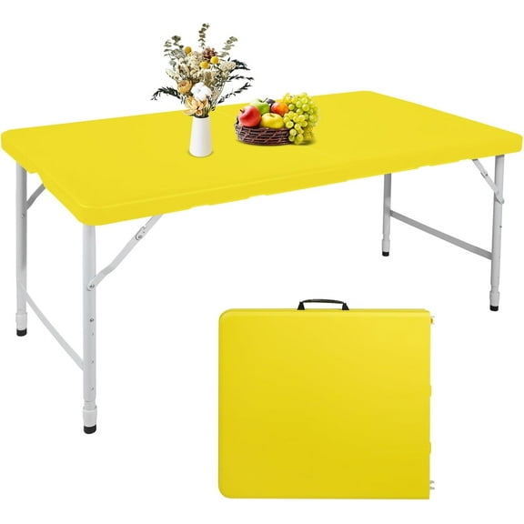 Portable 4Ft Adjustable Height Plastic Folding Table, Heavy Duty Fold-in-Half Table with Carrying Handle, Small Utility Foldable Table for Picnic Party Camping BBQ, Indoor/Outdoor (Yellow)