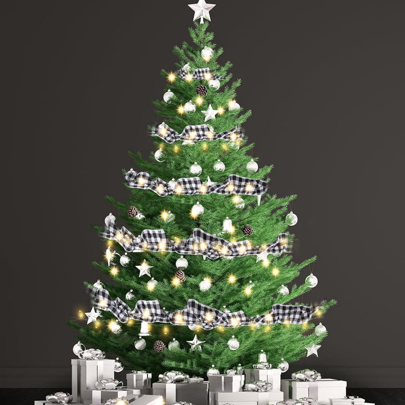 6 Rolls LED Rustic Christmas Tree Garland Ribbon Craft with LED Lights for Christmas Decorations Black&White