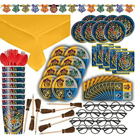 Harry Potter Party Themed Supplies, Decorations & Favors - 8 Guest - Small & Large Plates, Cups, Napkins, Tablecover, Cutlery, Loot Bags, Glasses, Pen Brooms, Birthday Banner - Hogwarts Theme