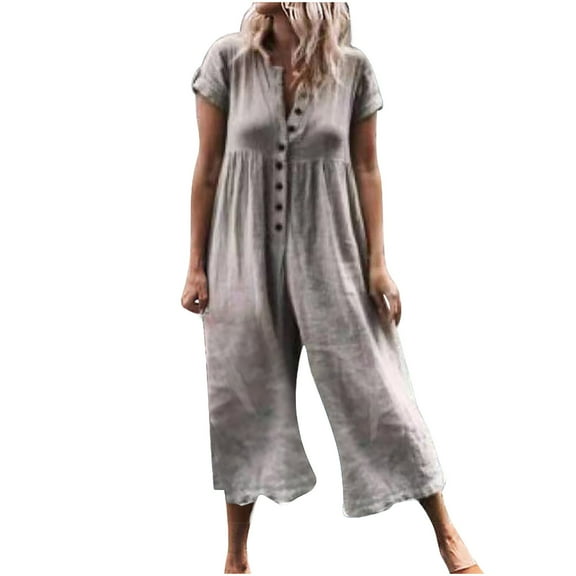 Black & Friday Deals Usmixi Jumpsuits for Women Dressy Plus Size Casual Solid Button up Cotton Linen Loose Long Jumpsuits Overalls Summer Lapel Short Sleeve Plain Maxi Formal Rompers Gray s