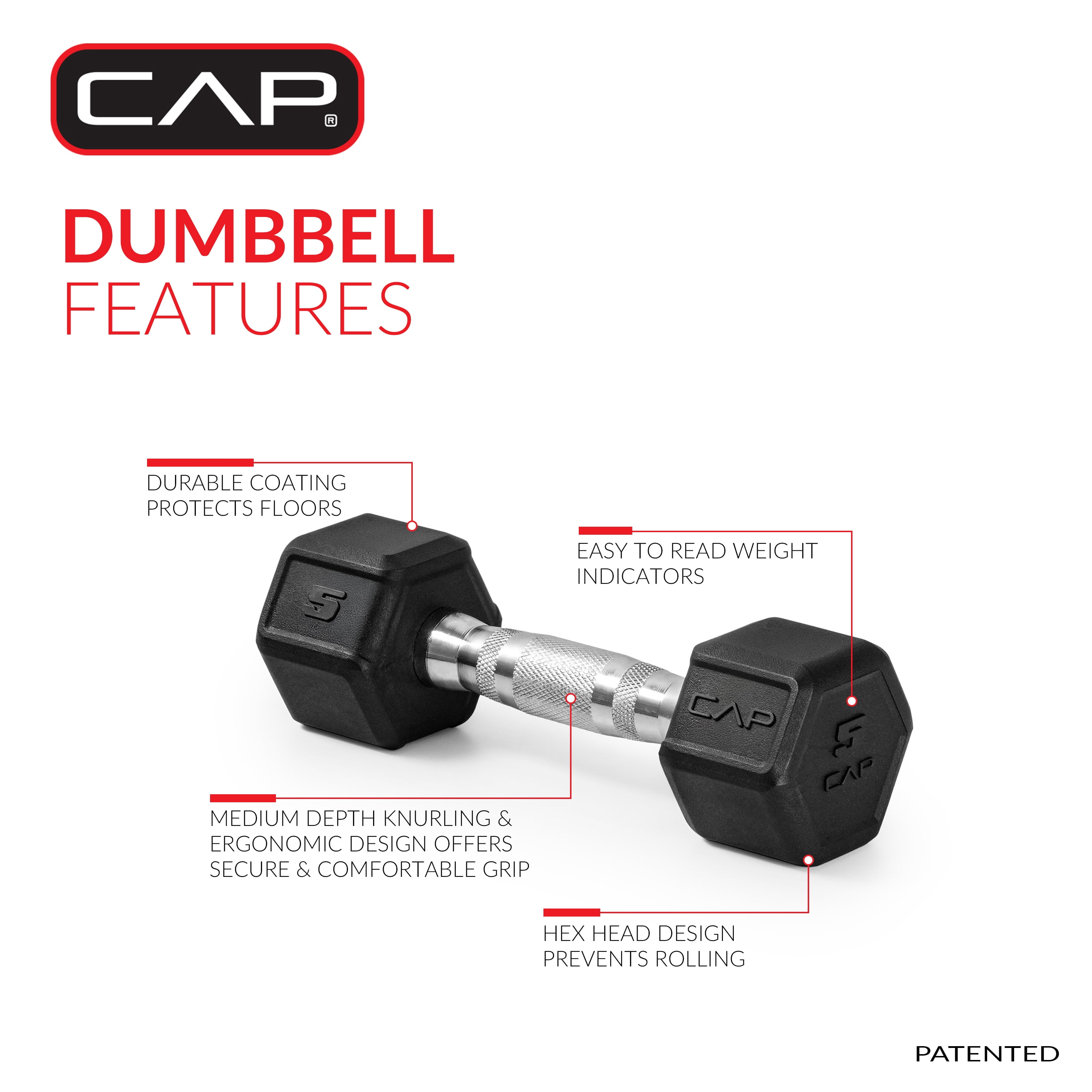 CAP 5 lb Premium Rubber Hex Dumbbell Pair, Chrome Handle, Home Gym Hand Weights