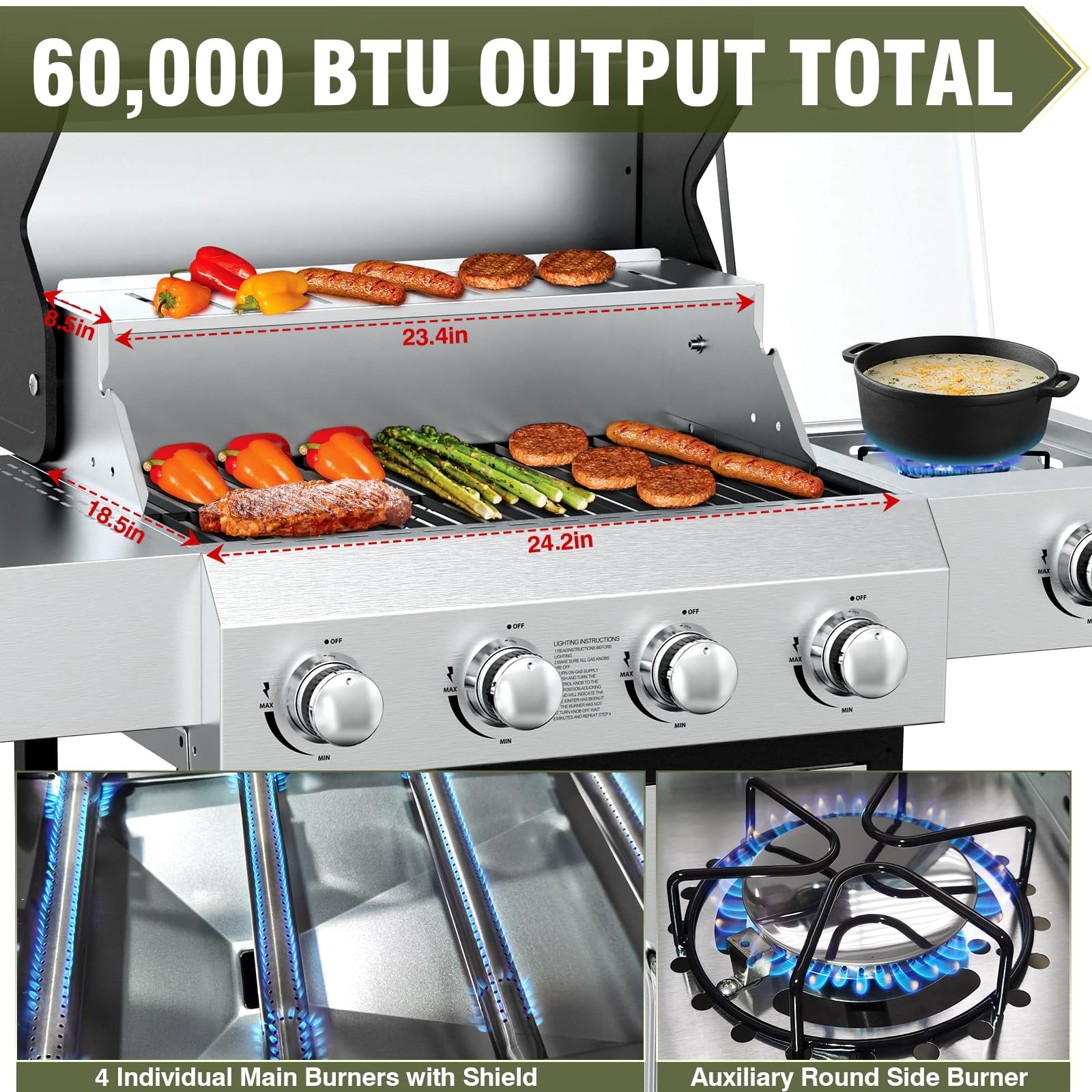 BESTFIRE 60,000 BTU 4+1 Burner Propane Gas Grill - 647 sq. inches Stainless Steel Outdoor BBQ with Porcelain-Enameled Cast Iron Grates, Side Burner & Storage Cabinet for Patio and Backyard Cooking