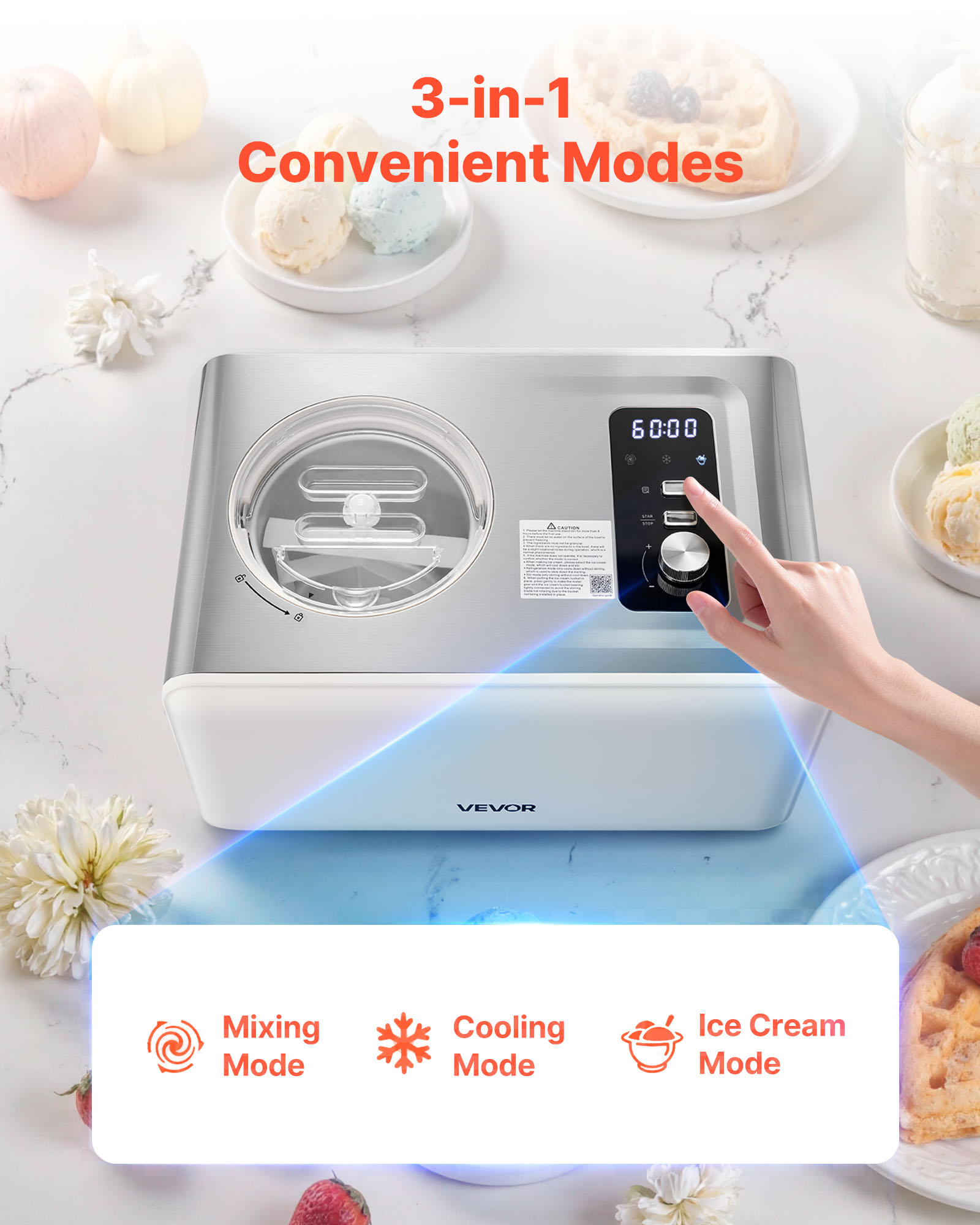 VEVOR Automatic Ice Cream Maker with Built-in Compressor, 2 Quart No Pre-freezing Gelato Maker, Stainless Steel Electric Sorbet-Maker, 3 Modes Compressor Ice Cream Machine for Home Kitchen