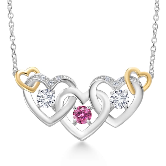 Gem Stone King 925 Silver and 10K Yellow Gold Pink Moissanite and White Lab Grown Diamond Heart Shape Pendant Necklace for Women (0.83 Cttw, with 18 inch Chain)
