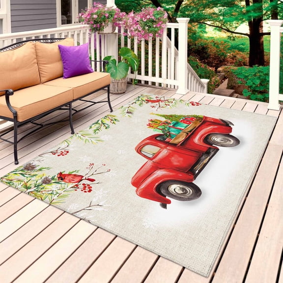 Christmas Truck Outdoor Rug 5x7 Ft, Non Slip Washable Area Rug, Xmas Tree Winter Red Bird Snowflakes Patio Rugs Carpet Runner, Large Floor Mat for Indoor/Outdoor Deck Porch Camping