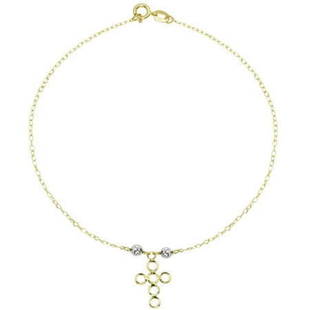 American Designs 14kt Yellow & White Gold Two-Tone Diamond-Cut Cross, Religious, Bead/Ball, Two-Tone Charm Dangle Bracelet 7.5 Chain