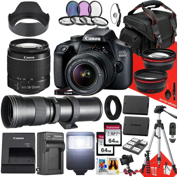 Canon EOS 4000D / Rebel T100 DSLR Camera With Canon EF-S 18-55mm F/3.5-5.6 DC III Zoom And 420-800mm Telephoto Zoom Lens   128 GB Memory   Filters   Tripod   More (International Version)