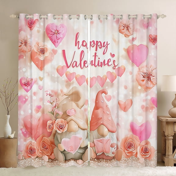 Homewish Romantic Valentine's Day Black Out Curtains, Kawaii Couple Gnome Curtains Pack of 2 (42x63 Each), Pink Rose Flower Bedroom Curtains, Blackout Curtains Home Decor