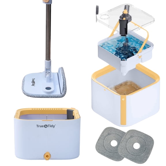 True & Tidy True Clean Dual Bucket and 2.0 Spin Mop System with Clean Water Separation, Self Cleaning Microfiber Floor Mop for All Surfaces