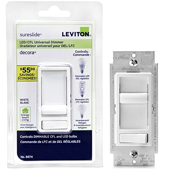 Leviton 6674-P0W SureSlide Universal 150-Watt LED and CFL/600-Watt Incandescent Dimmer, White