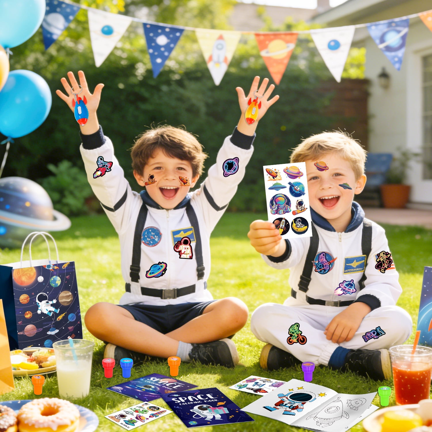 146pcs Space Party Favors Bags Fillers Includ Outer Space Goodie Bags Stickers Stamps Bracelets Solar System Coloring Books Pens etc for Astronaut Birthday Party Decorations Supplies