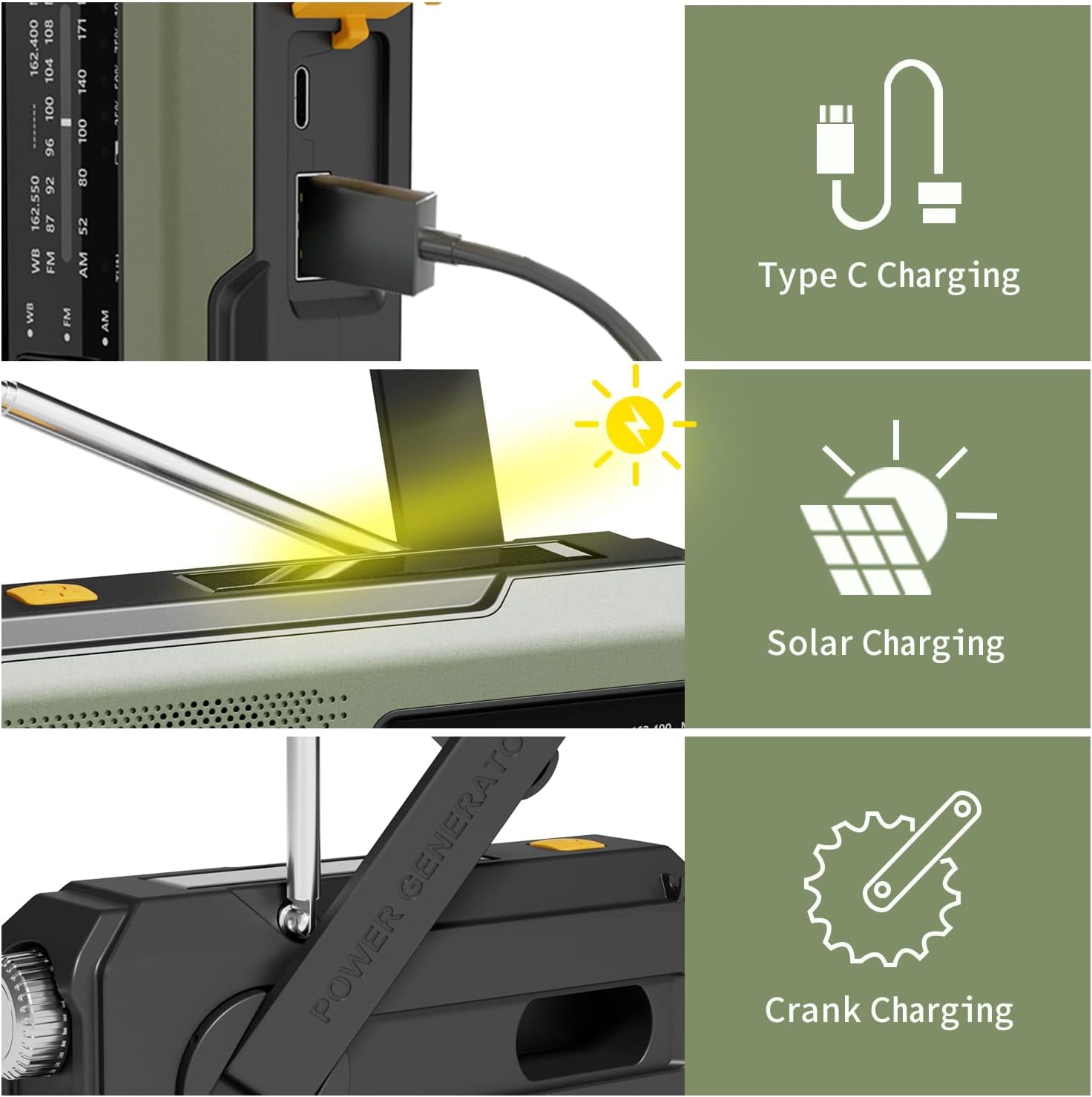 Newest Prociv Solar Emergency Wind Up Radio, Portable Hand Crank AM/FM Radio with SOS Alarm LED Torch, 2000mAh Rechargeable Power Bank USB Phone Charger Flashlight for Camping (Green)