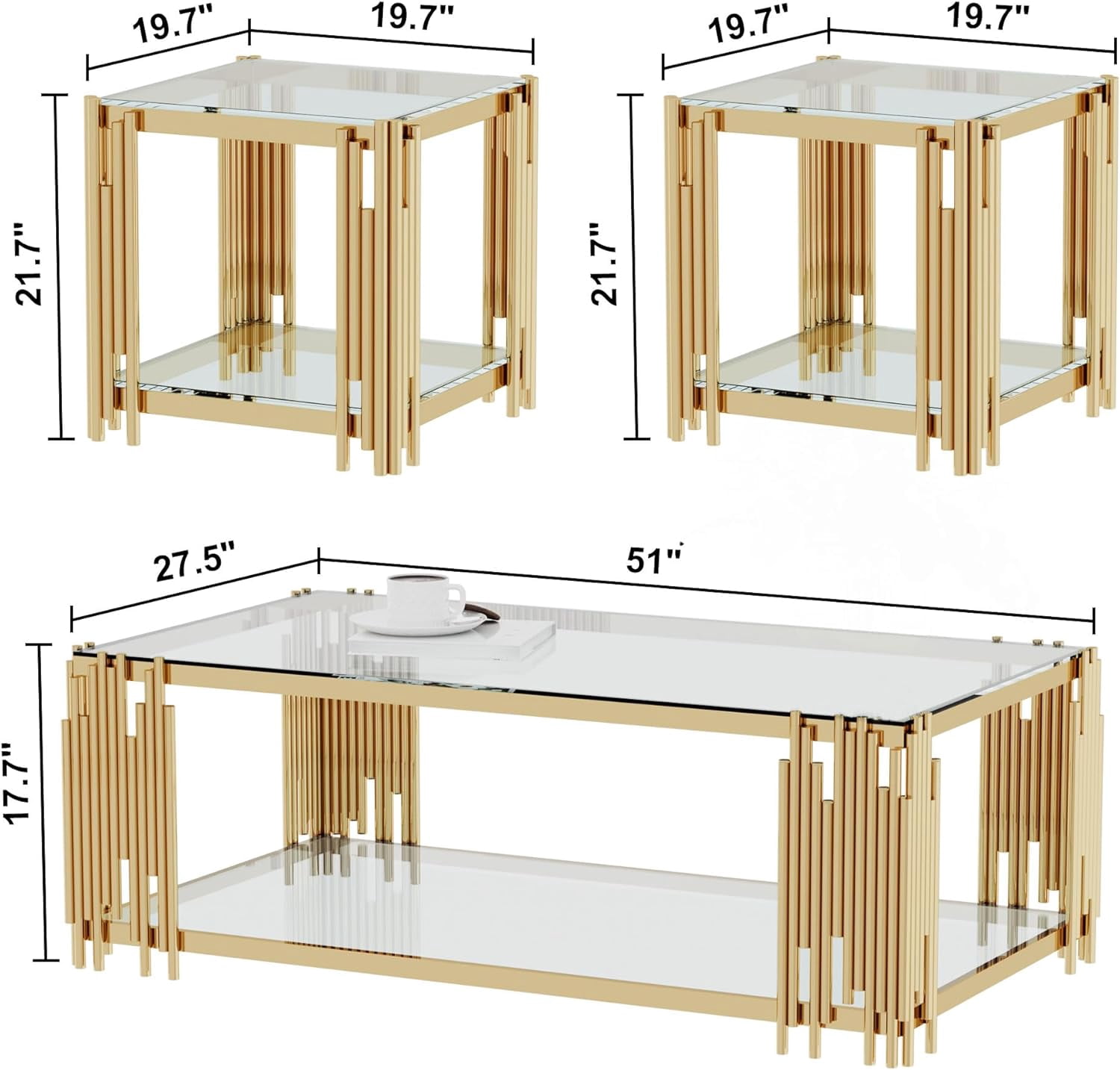 End Tables for Living Room Set of 3, Holaki Modern Rectangle Tempered Glass Coffee Table with 2 Square End Table, Coffee Table Set with Stainless Steel Irregular Legs for Home Apartment Office