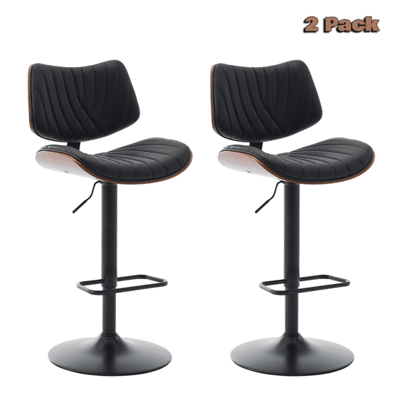 Hassch Upholstered Swivel Bar Stools Set of 2, Height Adjustable 25"-33.4" Counter & Bar Height Armless Chairs with Curved Bentwood Backrest, Faux Leather Seat & Sturdy Metal Pedestal Base (Black)