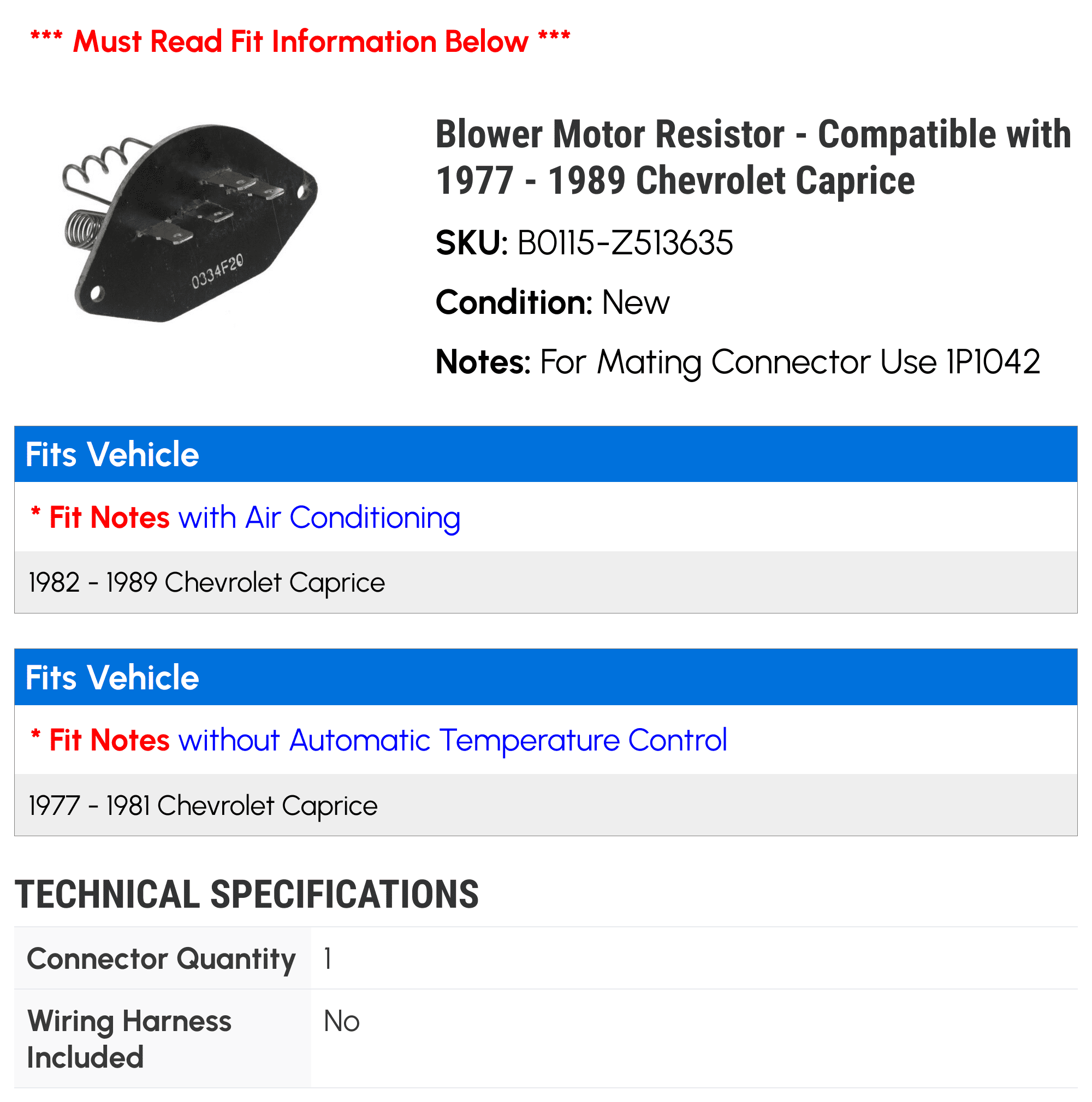Blower Motor Resistor - Compatible with 1977 - 1989 Chevy Caprice 1978 1979 1980 1981 1982 1983 1984 1985 1986 1987 1988