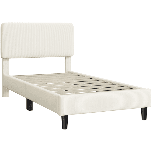 Fullfurnique Cadre de Lit Capitonné avec Tête de Lit Réglable et Lattes en Bois, Simple, Beige