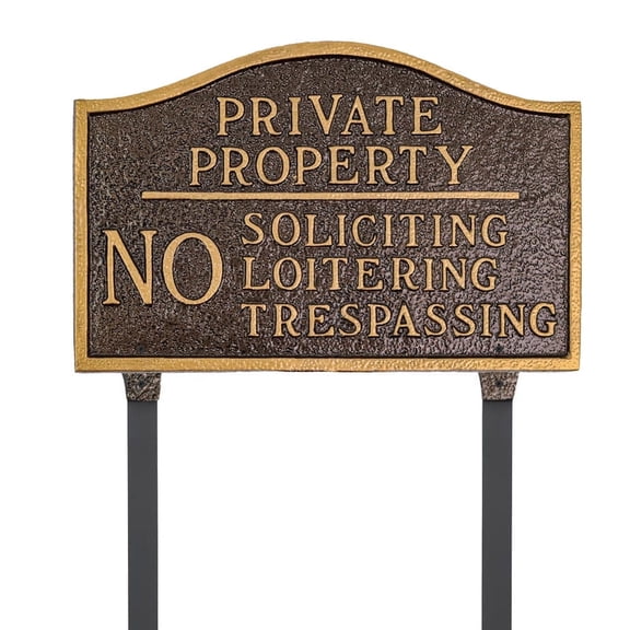 Private Property, No Soliciting, No Loitering Standard Soft Arch Statement Plaque with Lawn Stakes - Hammered Bronze