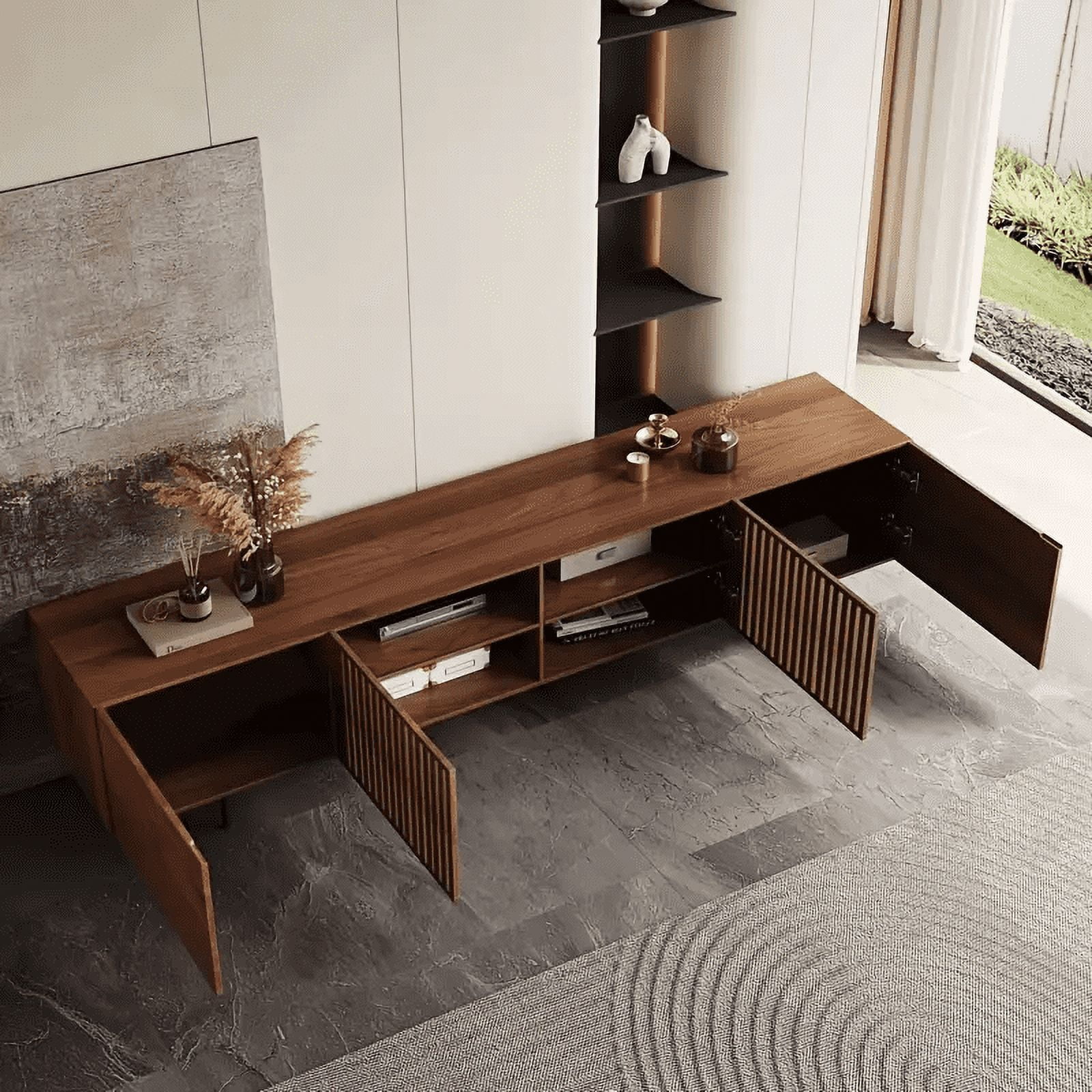 NessCarsti Mid-Century Modern TV Stand for 80+" TVs, 94.48" Walnut Console with Storage, Stylish Entertainment Center for Living Room or Bedroom