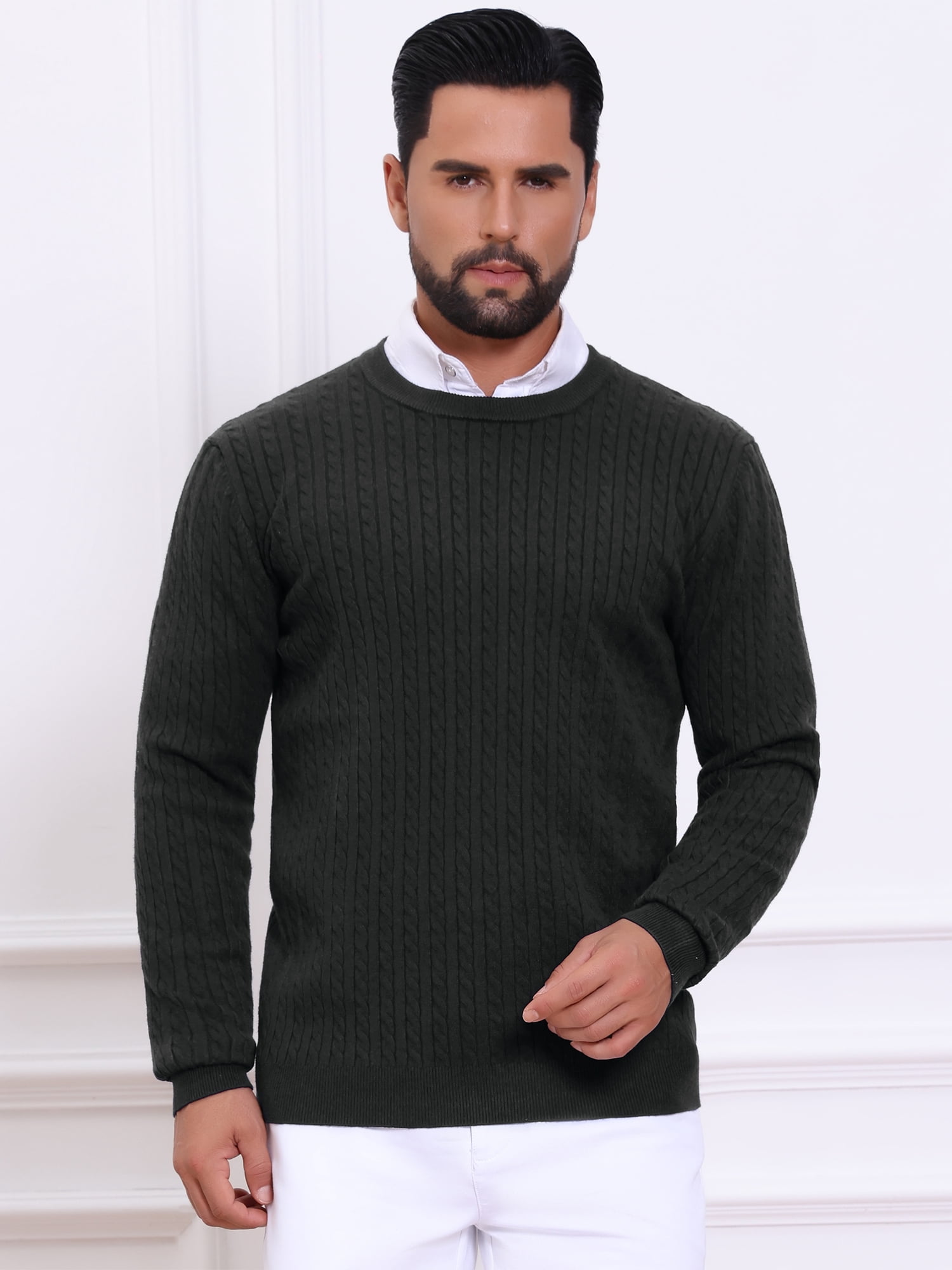 DARING DIVA Men's Crew Neck Long Sleeve Soft Cable Knit Pullover Sweater L Black