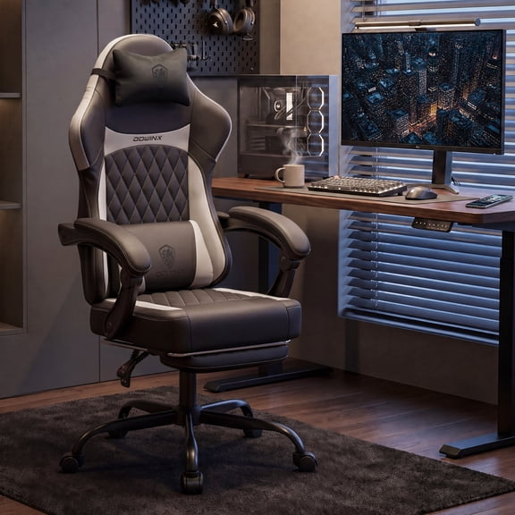 Dowinx Ergonomic Gaming Chair,Adjustable Recline Computer Chair With Linkage Armrest,Breathable Leather Office Chair With High-Density Foam & Pocket Spring,Desk Chair for Adult,Black and White