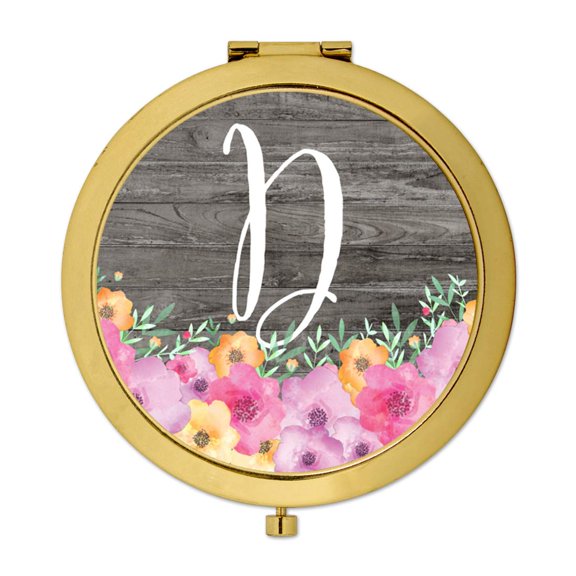 Koyal Wholesale Gold Compact Mirror Bridesmaid's Wedding Gift, Pink Floral Flowers on Rustic Gray Wood, Monogram D, 1-Pk