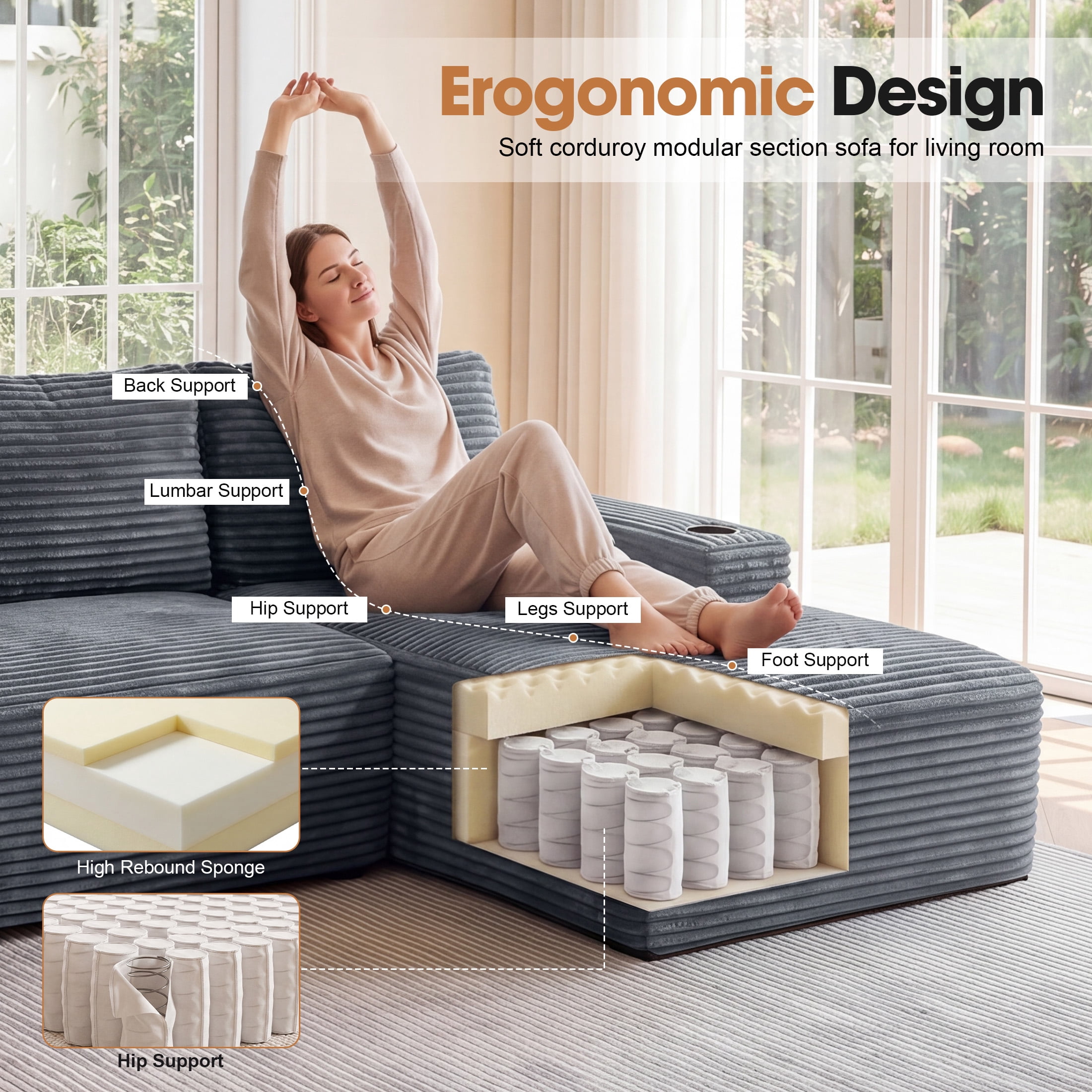 Aenkyo 133 in U-Shaped Cloud Corduroy Sectional Sofa with Cup Holders for Living Room, Cray