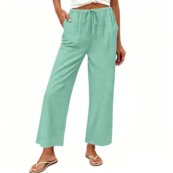 Hurxie Women's Pants Summer Palazzo Flowy Wide Leg Beach Trousers with Pockets Mint Green,M